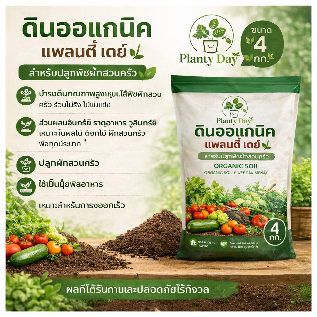 ดินออแกนิคแพลนตี้ เดย์ สำหรับปลูกพืชผักส่วนครัว ขนาด 4 กก.